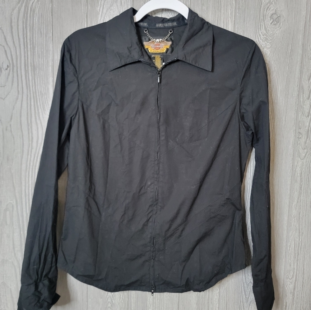 Harley-Davidson Black Zipp Up Long Sleeve Bliuse with Embroidered Logo